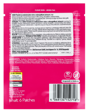 Tył różowego opakowania Balea CLEAR SKIN Oczyszczające Plastry, widoczne składniki, kod kreskowy.