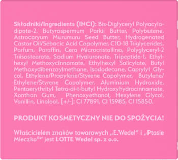 Tył różowego opakowania kosmetyku Wedel Ptasie Mleczko z pełną listą składników INCI i ostrzeżeniem.
