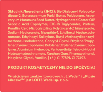 Zbliżenie na różowy tył opakowania kosmetyku z białym tekstem: lista składników INCI i ostrzeżenie o niezdatności do spożycia.