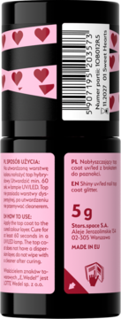 Tył lakieru hybrydowego 'Sweet Hearts' 5g, czarna butelka z różowymi sercami, instrukcje i data ważności 11.2027.