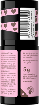 Tył czarnej butelki błyszczącego top coatu UV/LED 5g z brokatem, różowa etykieta w serca Cocoa Hearts, instrukcje.