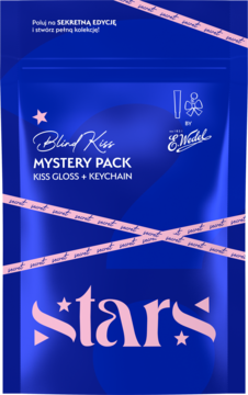 Granatowy Blind Kiss Mystery Pack E.Wedel z błyszczykiem i brelokiem, ozdobiony różowymi wstążkami 'secret' i gwiazdami.