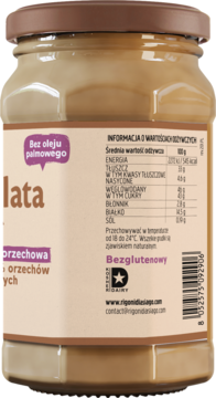 Tył słoika Nocciolata Bianca, krem orzechowy bez oleju palmowego i glutenu, etykieta z informacjami odżywczymi.