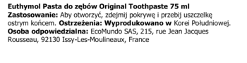 Etykieta pasty Euthymol Original 75ml: informacje o użyciu, ostrzeżenia o produkcji, dane producenta.