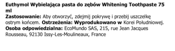 Euthymol Whitening Toothpaste 75 ml, tekst z instrukcją użycia, ostrzeżeniami i danymi producenta.