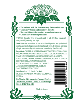 Tył butelki płynu do płukania ust Euthymol: zielono-biała etykieta ze składnikami i instrukcją użycia.