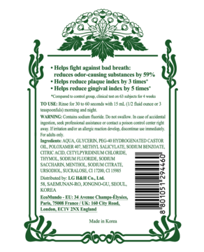 Tył opakowania bezalkoholowego płynu Euthymol, zielono-biała etykieta z listą składników i kodem kreskowym.