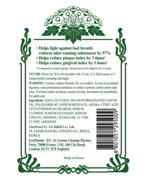 Tył zielono-białego opakowania płynu Euthymol Icy Mint. Widoczne informacje o działaniu, składnikach i kod kreskowy.