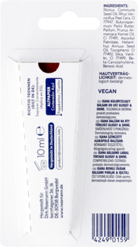 Tył opakowania balsamu do ust Isana Glossy & Shine 10ml, z informacjami o składzie i recyklingu.