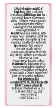 Tył opakowania ISANA Hydrożelowy sztyft 2w1 Magic Aura. Etykieta biało-różowa z polskim opisem składu, użycia pod oczy i producenta.