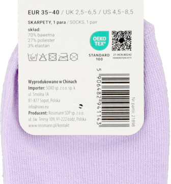 Biała etykieta skarpet Rossmann, rozmiar 35-40, skład: 70% bawełna, 27% poliester, 3% elastan. OEKO-TEX.
