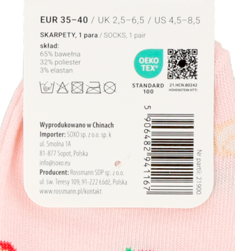 Eloy skarpety zakostki truskawka, rozm. 35-40. Zbliżenie etykiety: skład 65% bawełna, OEKO-TEX, na różowym materiale.