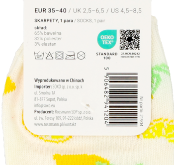 Eloy skarpety zakostki cytryna (35-40). Zbliżenie na etykietę, widoczny skład i certyfikat DEKO-TEX.