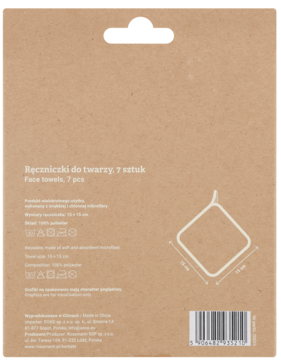 Tył brązowego opakowania ręczników do twarzy Eloy, 7 sztuk, z opisem produktu i grafiką ręcznika.