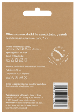 Tył brązowego opakowania wielorazowych płatków do demakijażu, 7 sztuk, z opisem i kodem kreskowym.