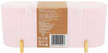 Tył różowego, ryflowanego pudełka z dwoma złotymi nóżkami. Widoczna brązowa etykieta z tekstem i kodem kreskowym.