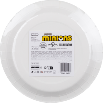 Tył białego, okrągłego talerzyka Minionki PartyTime. Widoczne napisy: MINIONS, UNIVERSAL, 8 PAPER PLATES.