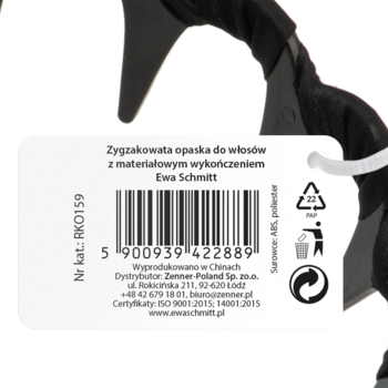 Biała etykieta produktu Zygzakowata opaska do włosów RK0159 Ewa Schmitt z kodem kreskowym, widok z przodu.