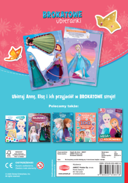 Tylna okładka książki Frozen: Brokatowe Ubieranki. Pokazano przykładowe kreacje Elsy i Anny oraz inne tytuły.