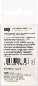 Tył białego opakowania Eloy osłonka na kabel. Widoczne ostrzeżenia, kod kreskowy i dane producenta Rossmann.