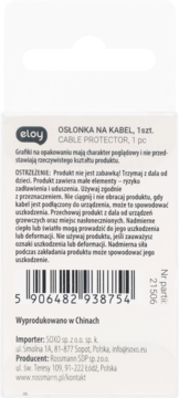 Tył opakowania Eloy osłonka na kabel, białe tło, czarny tekst ostrzeżenia, kod kreskowy i dane producenta.