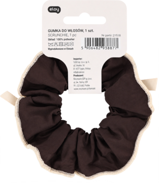 Eloy Scrunchie, brązowa gumka do włosów z beżową obwódką i kokardą, na białym opakowaniu.