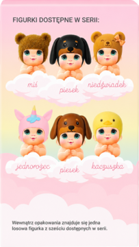 Eloy Figurka Dreamy Angel, mix wzorów. Widok na 6 bobasów w kostiumach: miś, piesek, jednorożec, kaczuszka.