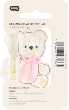 Eloy spinka do włosów w kształcie misia, opalizująca biała, z różową kokardką, 1 sztuka, widok z przodu.
