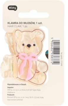 Eloy spinka do włosów w kształcie misia czekoladowa marmurkowa z różową kokardką, w opakowaniu, widok z przodu.