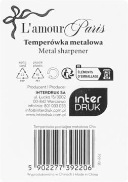 Tył opakowania metalowej temperówki L'amour Paris. Widoczne informacje producenta, kod kreskowy i symbol recyklingu.