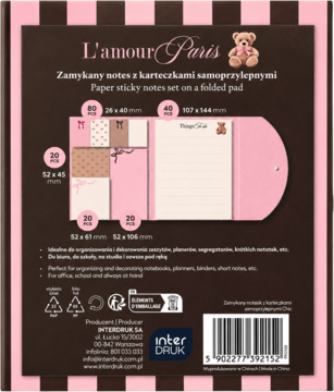 Zamykany notes L'amour Paris, tył, różowo-brązowy, z diagramem ułożenia karteczek samoprzylepnych w środku.