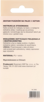Tył beżowego opakowania zestawu 3 puszystych gąbeczek na palec, z instrukcją użycia i danymi producenta.