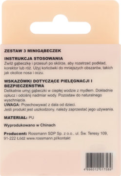 Tył beżowego opakowania zestawu 3 minigąbeczek Rossmann z instrukcją użycia i kodem kreskowym.