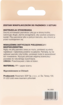 Tył beżowego opakowania minipilniczków do paznokci Rossmann, z instrukcjami użytkowania i danymi producenta.