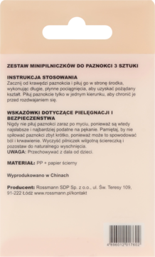 Tył beżowego opakowania zestawu 3 minipilniczków do paznokci z czarną zawieszką i polskimi instrukcjami.