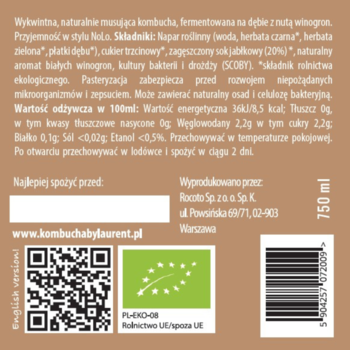 Tył brązowej etykiety Kombuchy by Laurent, z białym tekstem, pełnym składem, wartościami odżywczymi i kodem QR.