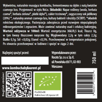 Tył etykiety Kombuchaby Laurent, organicznej kombuchy 750ml. Czarna butelka z białym tekstem, widoczny skład BIO.
