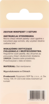 Tył beżowego opakowania minipęset Rossmann 3 sztuki z polską instrukcją, ostrzeżeniami i kodem kreskowym.