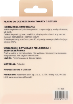 Tył beżowego opakowania 3 płatków do twarzy Rossmann. Widoczne instrukcje, pielęgnacja, materiał poliester.