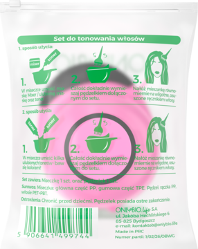 Tył białego opakowania zestawu do tonowania włosów ONNYBIO z ilustrowaną instrukcją i zielonymi ikonami.