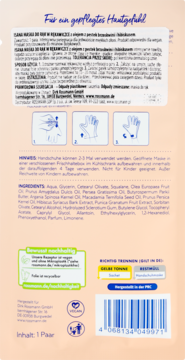Tył opakowania wegańskiej maski-rękawiczek do rąk Rossmann, skład, instrukcja użycia, kod kreskowy.