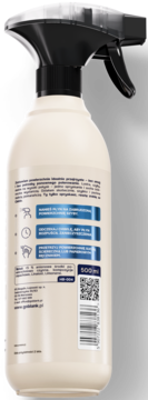 Tył beżowej butelki płynu Gold Drop do szyb i powierzchni z czarnym spryskiwaczem. Etykieta 500ml, pomarańczowy zapach, widoczny kod QR.