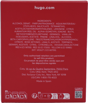 Czerwony tył pudełka perfum Hugo Boss Hugo Woman ze składnikami, kodem QR i danymi producenta.