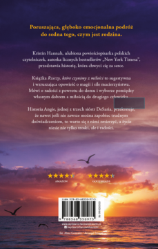 Tylna okładka książki Kristin Hannah 'Rzeczy, które czynimy z miłości': opis, kod kreskowy, gwiazdki oceny i zachód słońca.