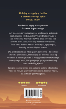 Tył książki: thriller 'Oblicza śmierci' o Eve Dallas, z blurmem, kodem ISBN i recenzjami, na pustynnym tle.