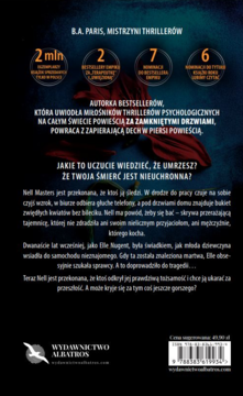 Tylna okładka thrillera B.A. Paris, czarne tło, biały tekst, pytanie 'JAKIE TO UCZUCIE WIEDZIEĆ, ŻE UMRZESZ?'