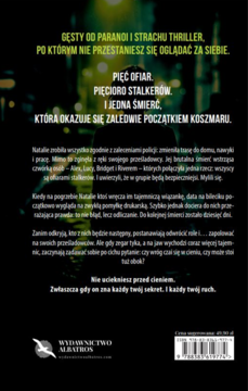 Tył czarnej okładki thrillera Albatros. Zielony nagłówek, biały tekst o stalkerach, logo i kod kreskowy.