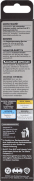 Tył czarnego opakowania końcówek do szczoteczki Prokudent z informacjami o kompatybilności, włóknach i logo Batman.
