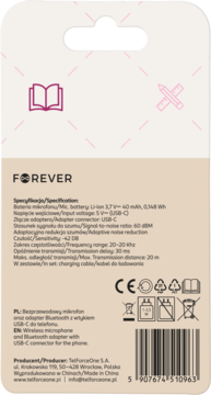 Tył opakowania mikrofonu bezprzewodowego Forever z adapterem Bluetooth USB-C, widoczne specyfikacje techniczne.