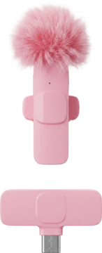 Różowy mikrofon bezprzewodowy: nadajnik z futrzanym wiatrochronem pionowo, odbiornik USB-C poziomo.